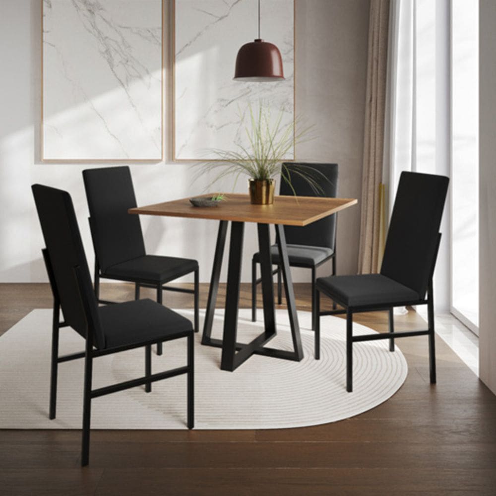 Conjunto de Jantar Mesa Mônaco Premium 90cm Imbuia com 4 Cadeiras Estofadas Pretas  