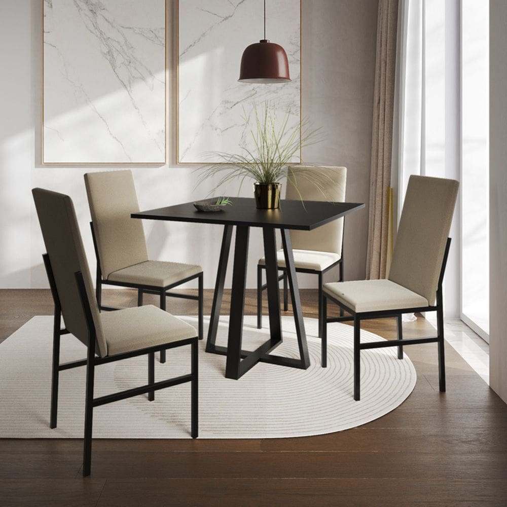 Conjunto de Jantar Mesa Mônaco Premium 90cm Preta com 4 Cadeiras Estofadas Bege  
