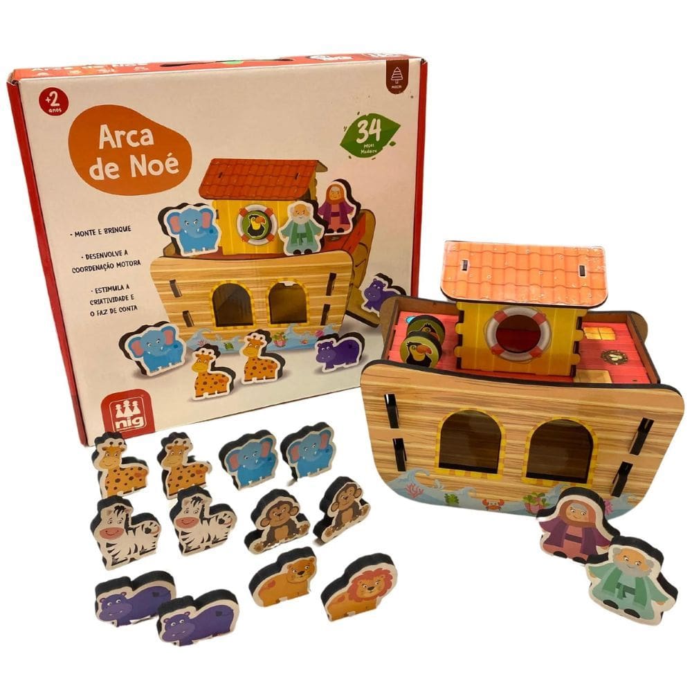 Brinquedo De Madeira Educativo Infantil Arca de Noé 34 Peças Bloco de Encaixar