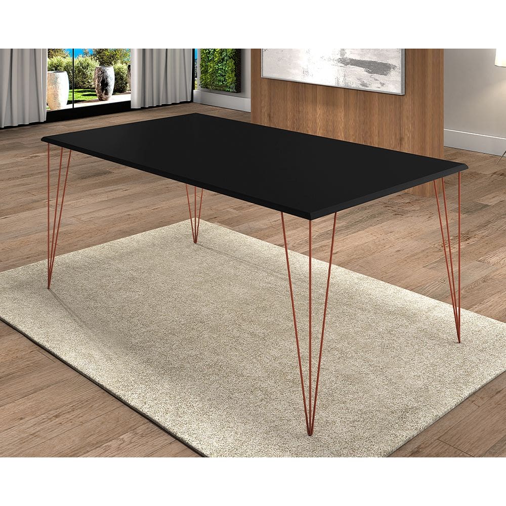 Mesa de Jantar Elen 140x80cm Tampo Preto com Base Cobre