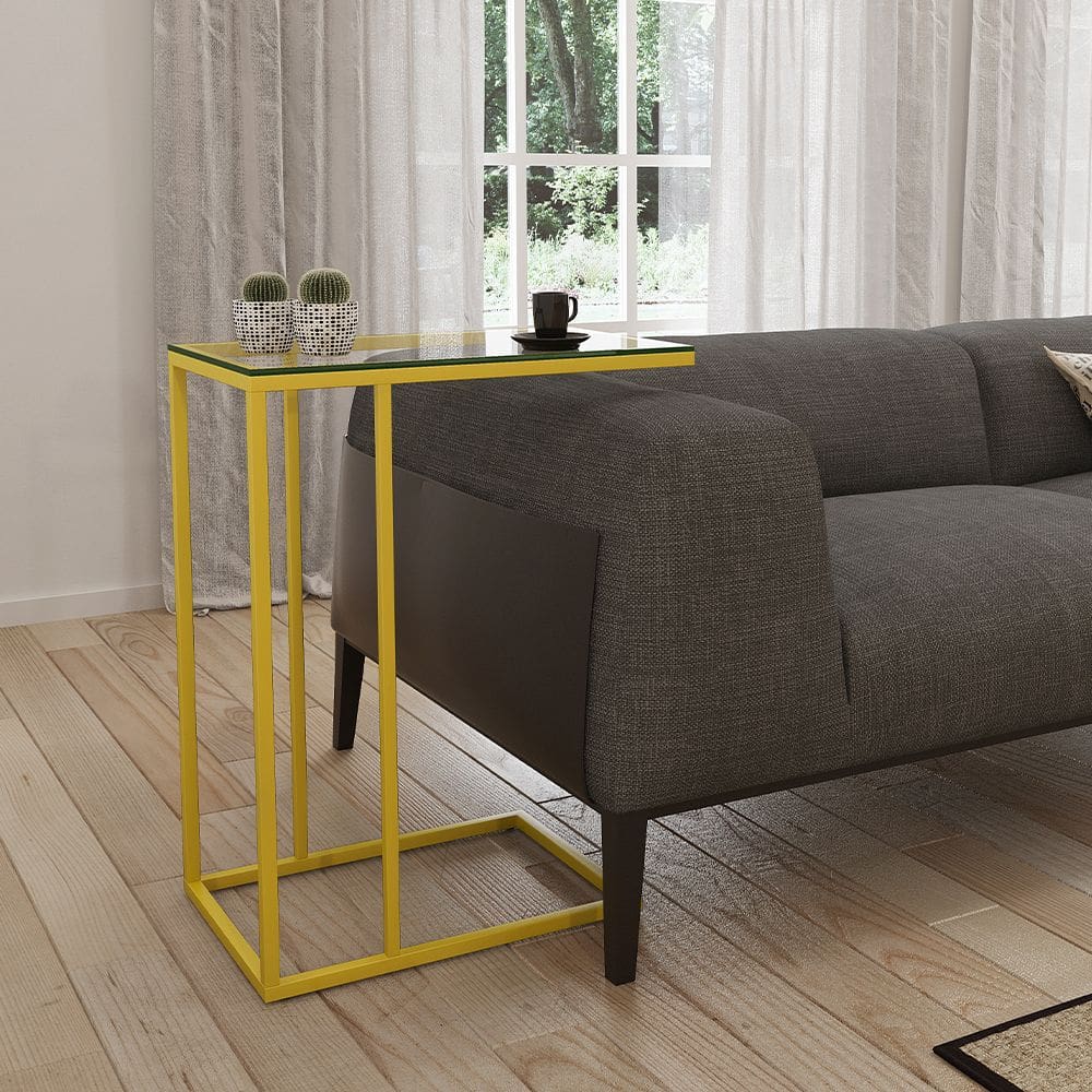 Mesa Lateral Industrial Elena de Vidro Base Ferro Amarelo