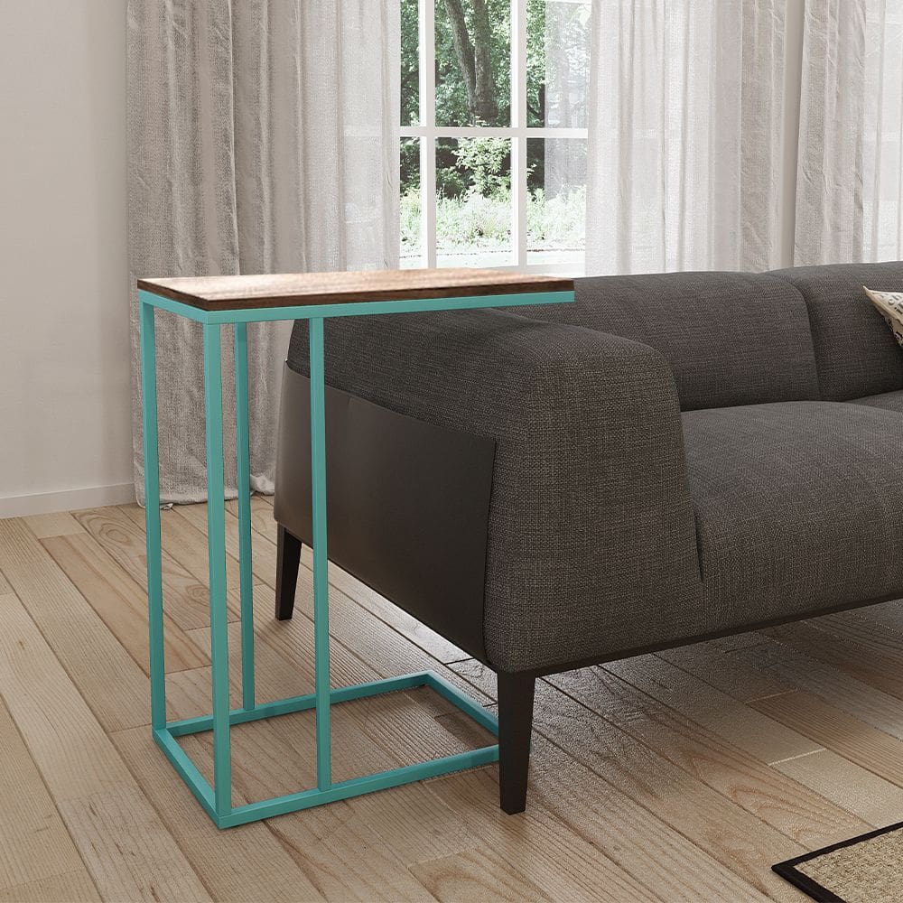 Mesa Lateral Industrial Elena Tampo Amendoa Base Ferro Azul Turquesa