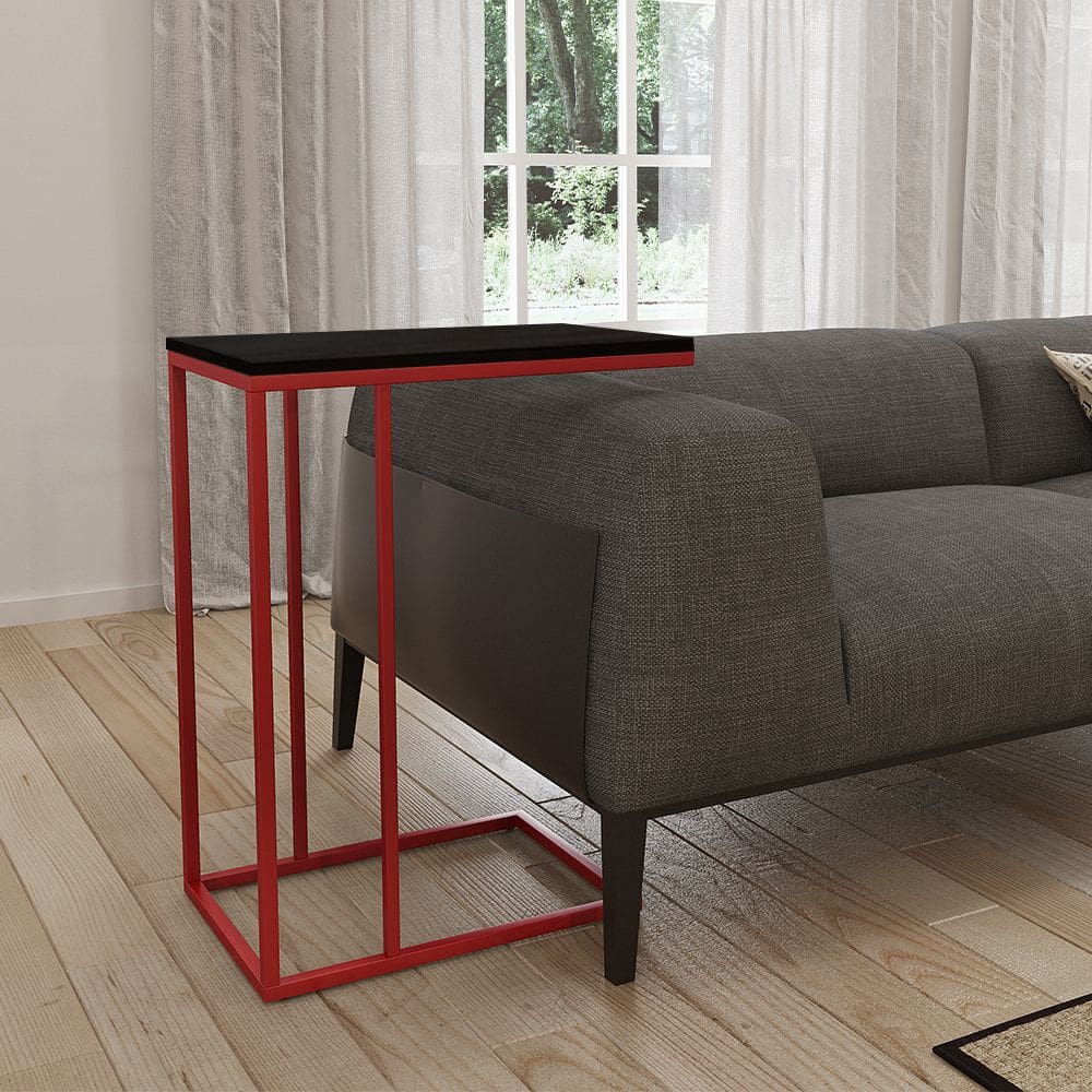 Mesa Lateral Industrial Elena Tampo Preto Base Ferro Vermelho