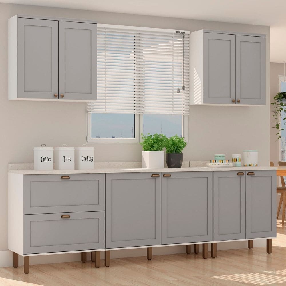 Cozinha Completa 5 Peças 3 Balcões 2 Armários Aéreos Iluminata Branco/Cinza