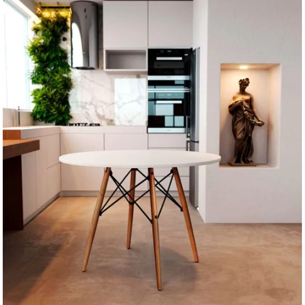 Mesa Redonda de Jantar Eames Eiffel 110cm Branca Base Madeira Maciça