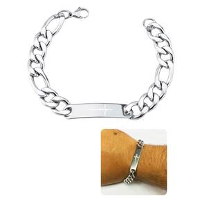 Pulseira Masculina Groumet Grossa 10Mm Placa Escrito Fé Aço