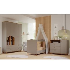 Quarto de Bebê Berço e Cômoda 3 Gavetas 1 Porta e Guarda-Roupa 4 Portas 4 Gavetas Happy Espresso Móveis Cinza/Marrom