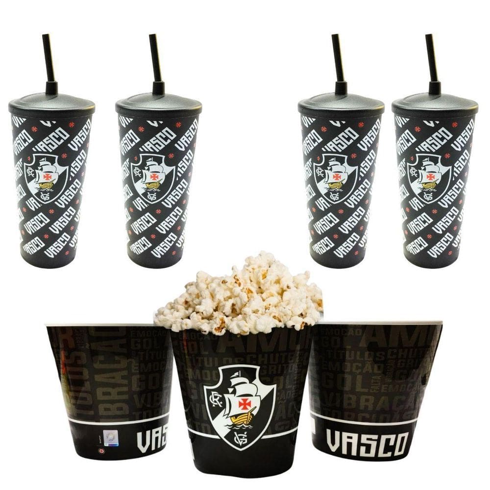 Kit 4 Copos + Balde Pipoca Plástico Preto Tampa Canudo 500Ml
