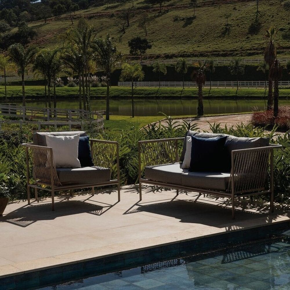 Conjunto Jardim e Varanda 1 Sofá 1 Poltrona 90cm Cabecasa madeiramadeira Champanhe/Cinza Mesclado