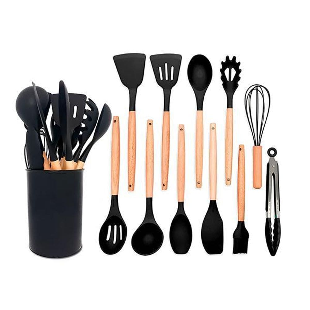 Kit 12 Peças Jogo De Cozinha Utensílios De Silícone Preto