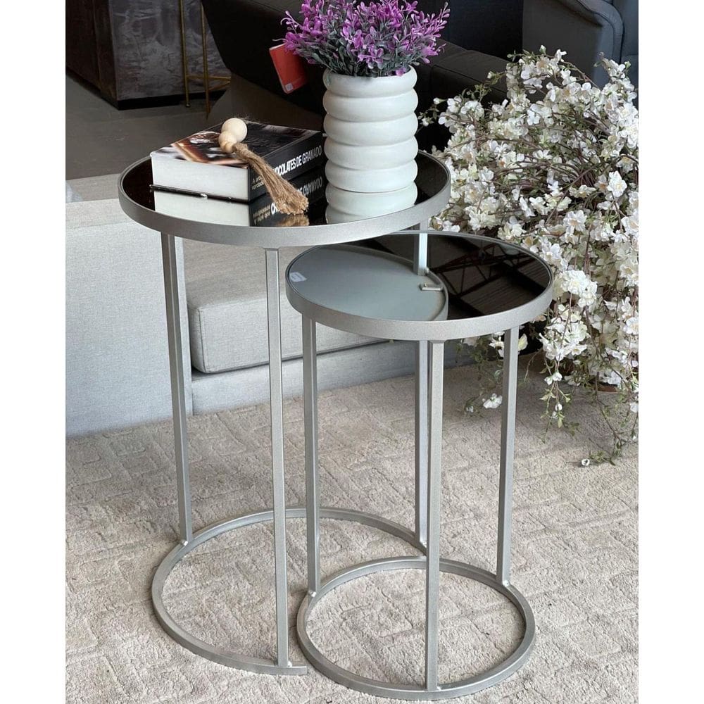 Conjunto De Mesa Canto Lateral Dupla Sala Prata Com Espelho