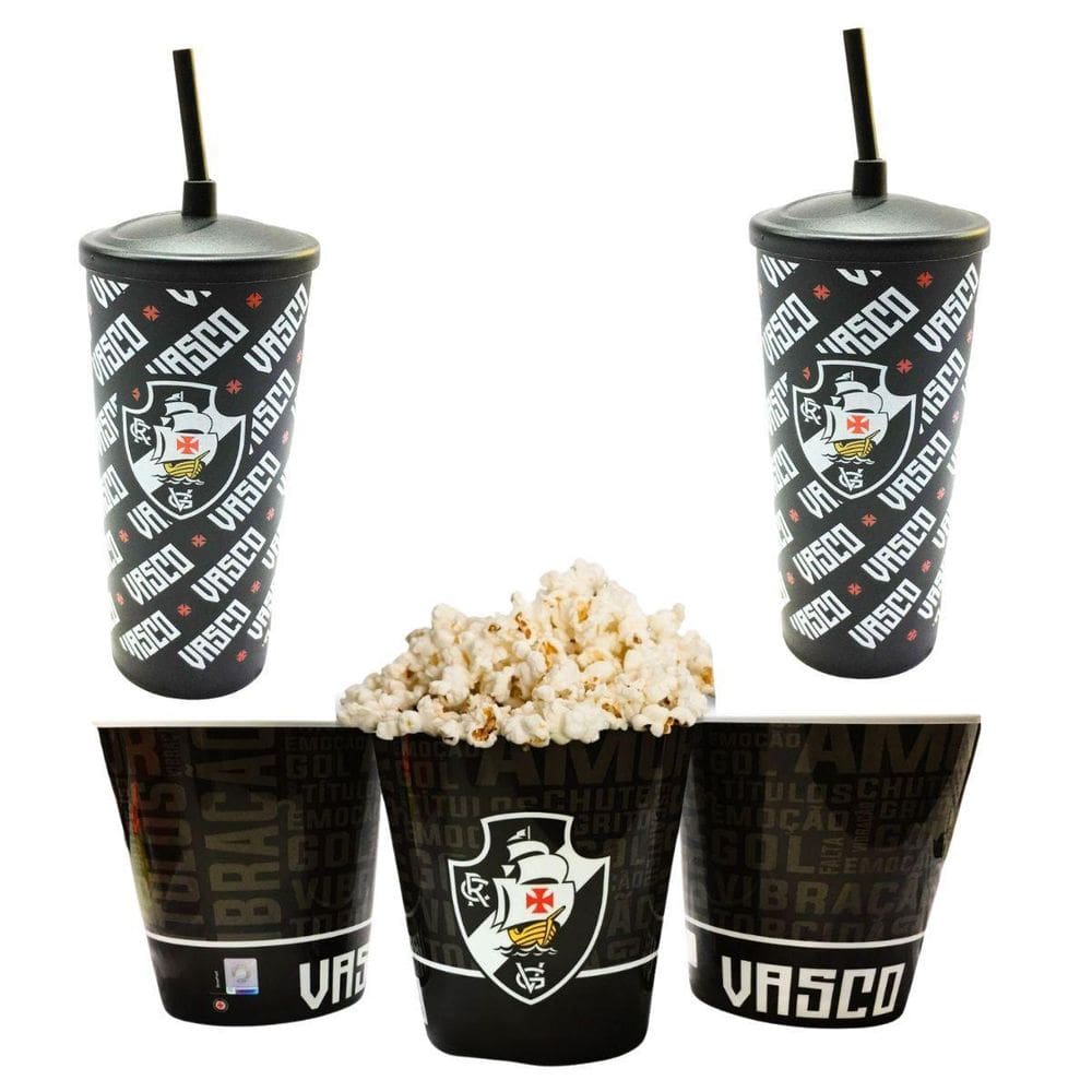 Kit 2 Copos + 2 Baldes Pipoca Plástico Preto Tampa Canudo