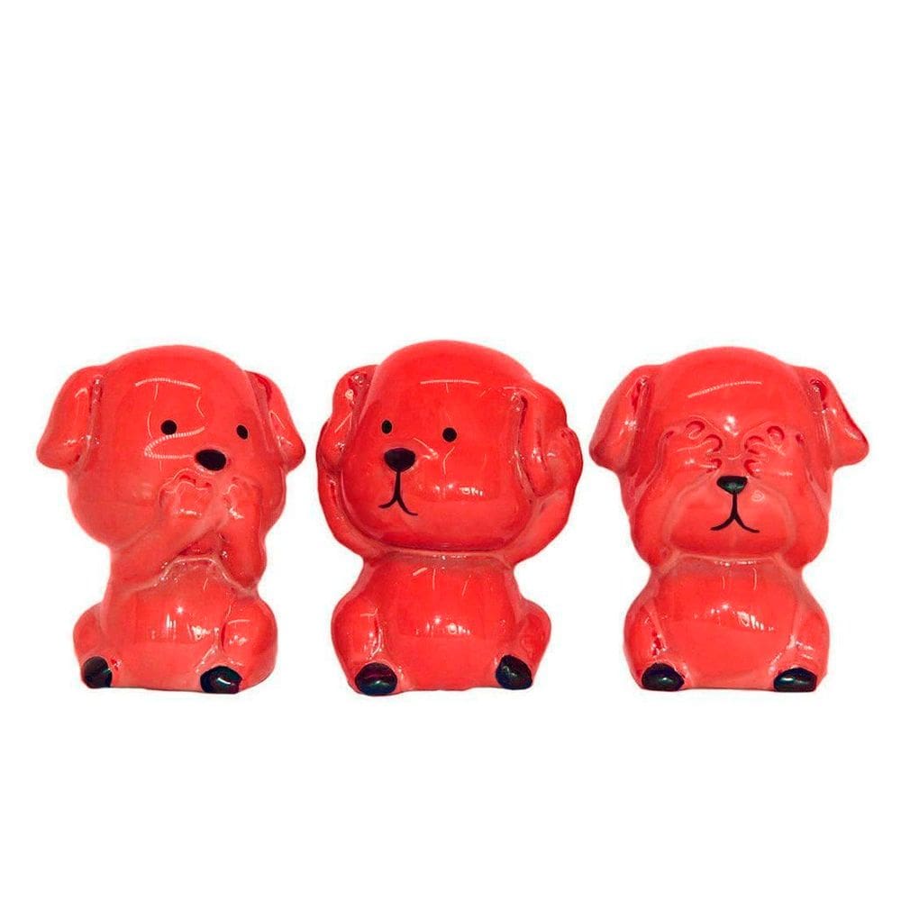 Trio de Cachorrinhos Sábios - Cego Surdo Mudo Cerâmica Vermelho