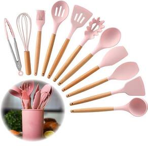 Kit 12 Peças Jogo De Cozinha Utensílios De Silícone Rosa