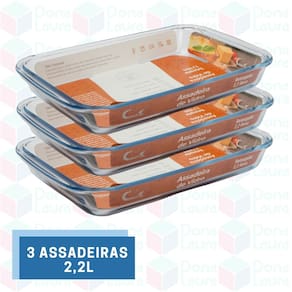 3 Lasanheira Vidro Retangular 2,2L Panqueca Sobremesas Festas Servir
