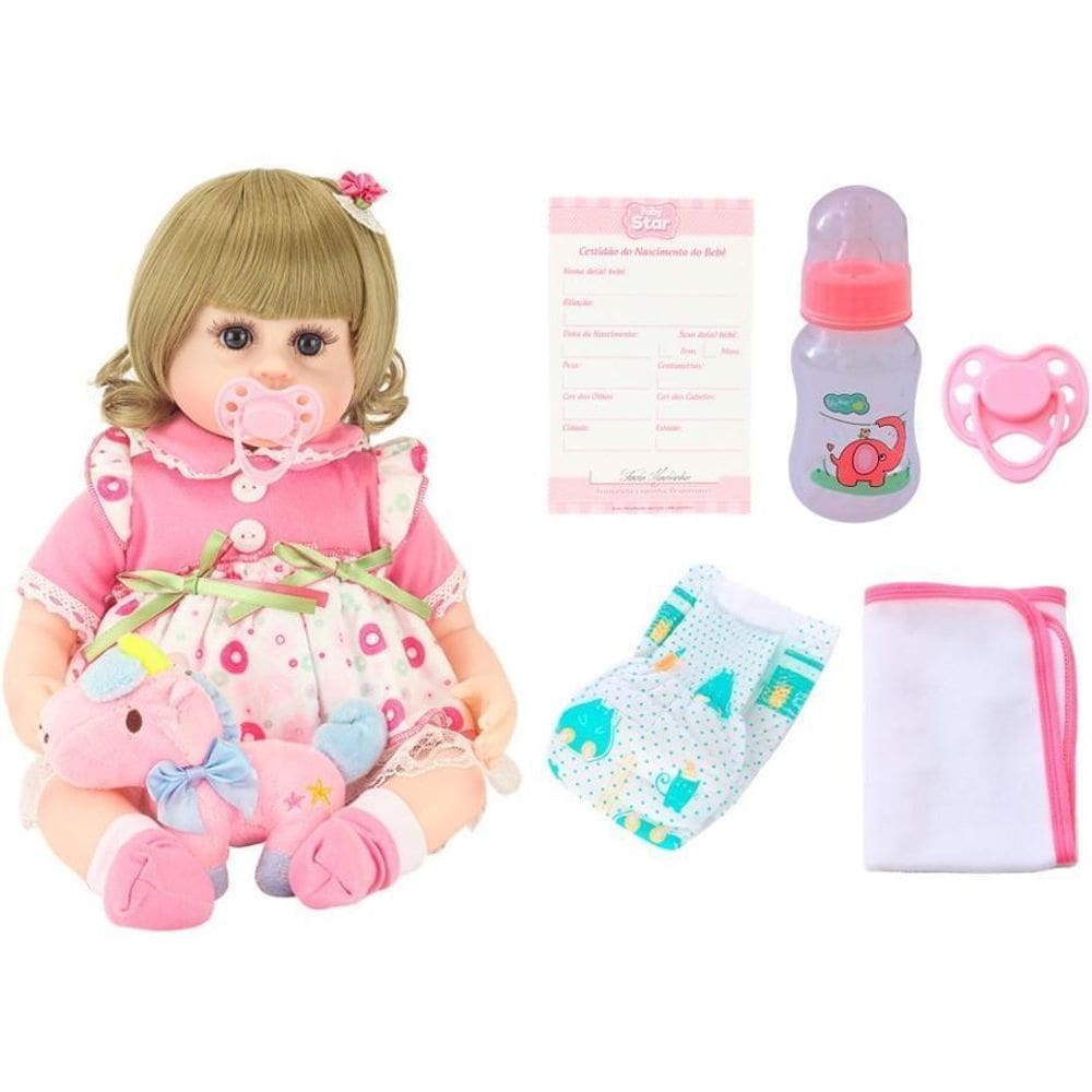 Boneca Bebê Reborn Loira Vestido De Bolinhas E Acessórios
