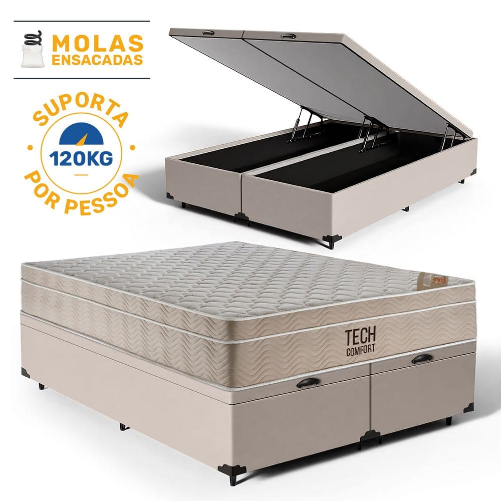 Cama Box Baú com Colchão de Molas Ensacadas Pillow In TechComfort Queen 158cm