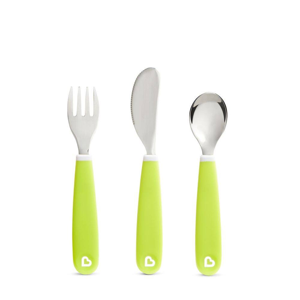 Kit Talher Garfo/Colher/Faca Verde Infantil Munchkin de Alta Qualidade e Prático