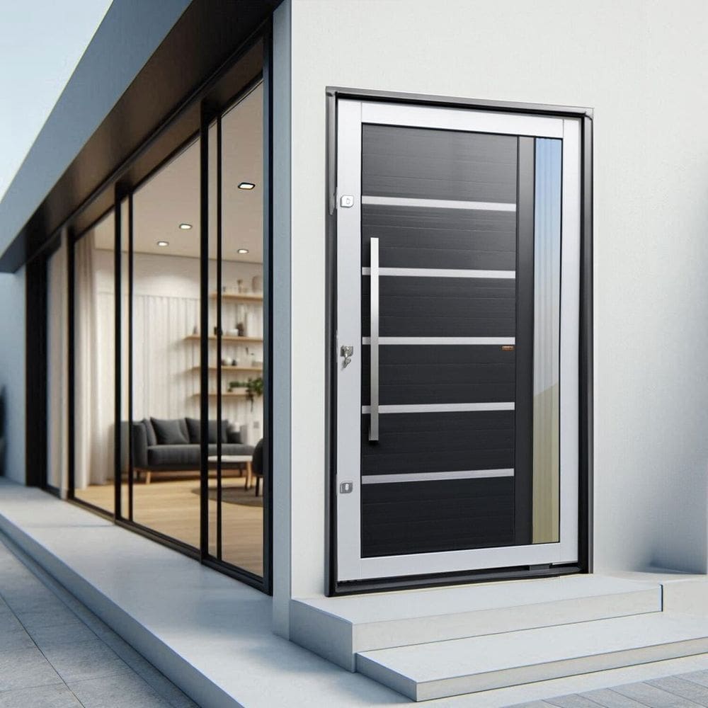 Porta Pivotante Lambril Miraggio com Puxador Lado Direito Elite 216x100 Mix Preto