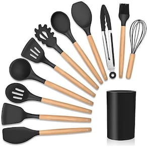 Kit 12 Utensílios De Cozinha Peças De Silicone Madeira Preto