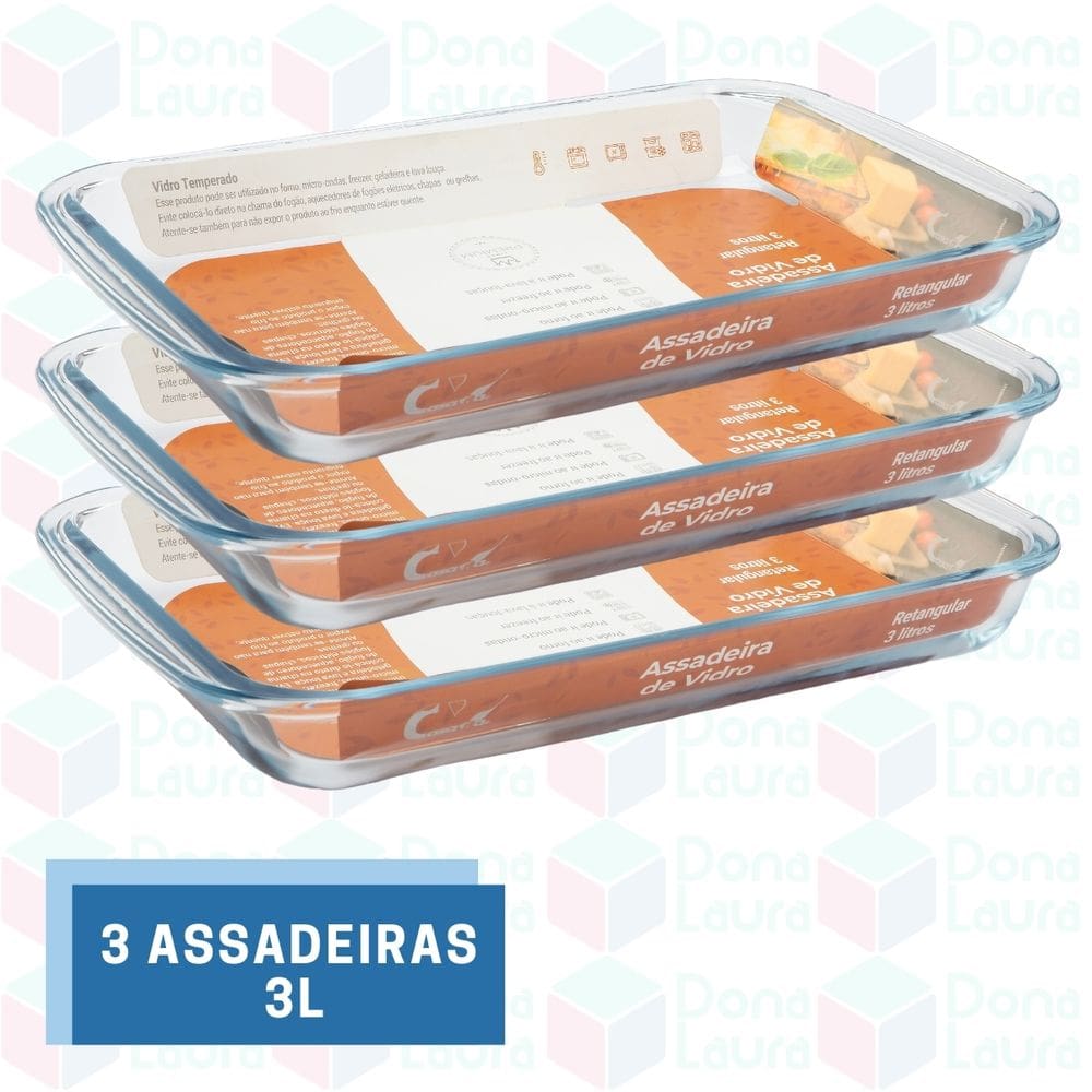 Assadeira 3L Retangular Vidro Temperado Doces Bombom Pudim Torta 3UNID