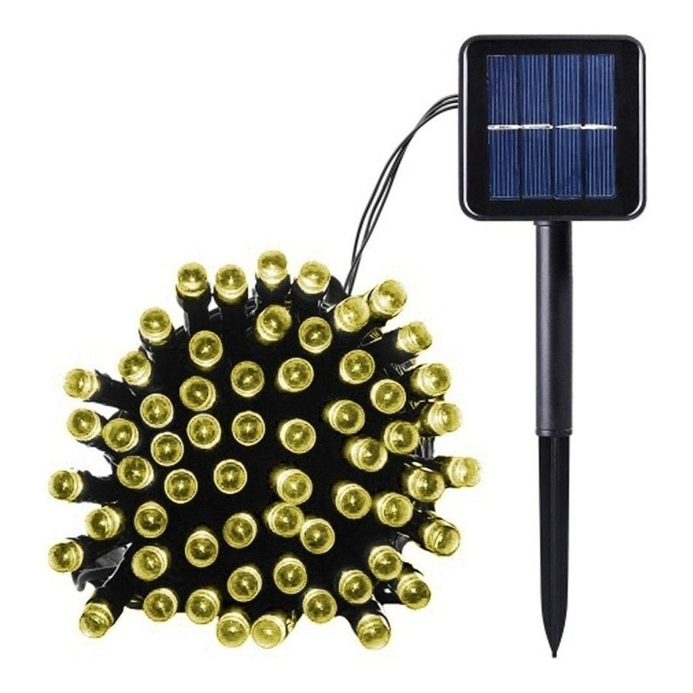Pisca Cordão Solar Natal LED 100 Lâmpadas Luz Amarela 10m