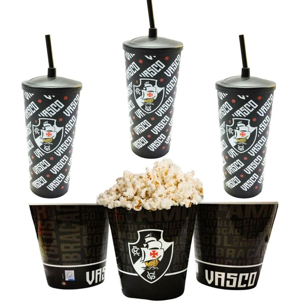Kit 3 Copos + Balde Pipoca Plástico Preto Tampa Canudo 500Ml