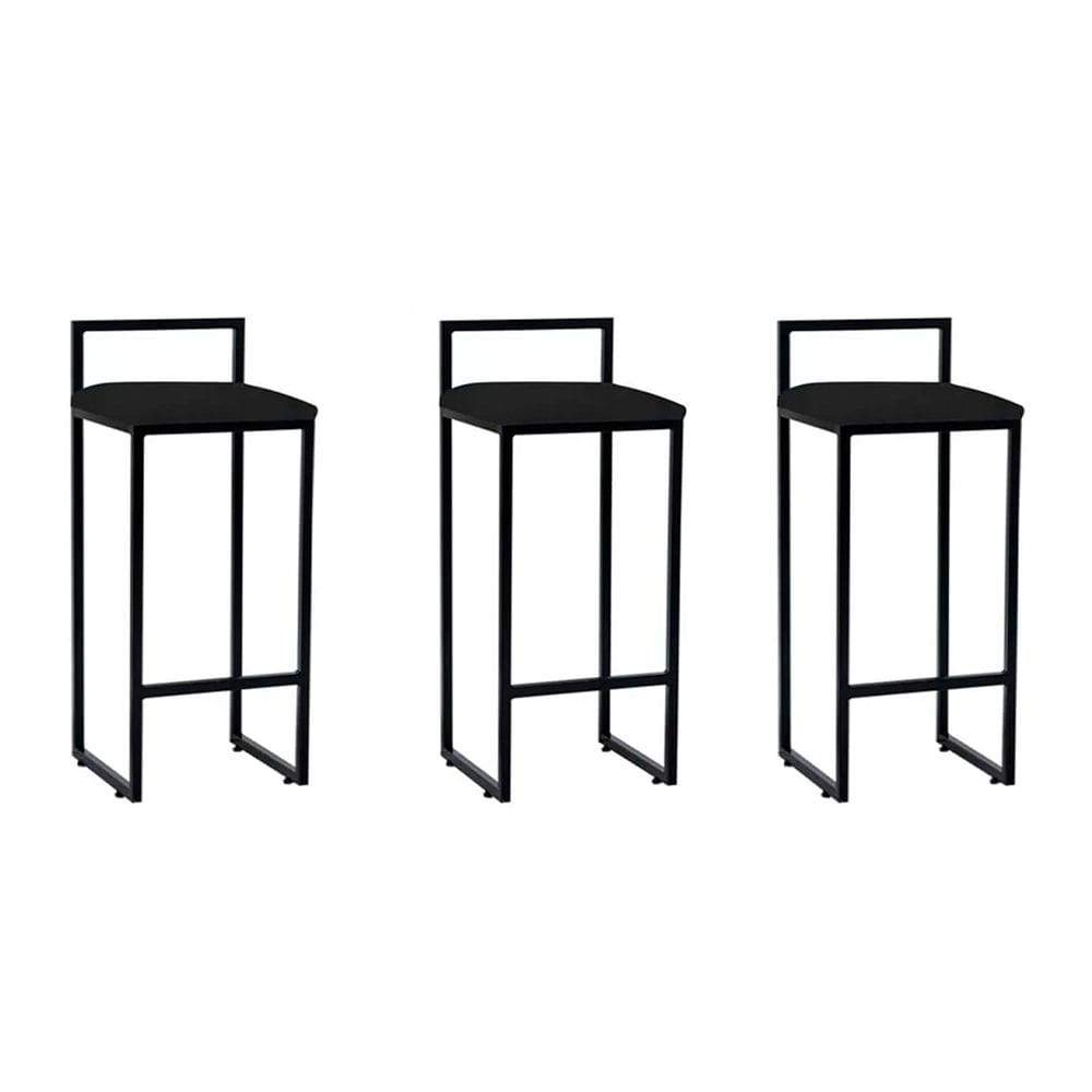Kit 3 Banquetas Bar Cozinha Bistrô Altas em Aço Industrial Dori Preta Assento Suede Preto