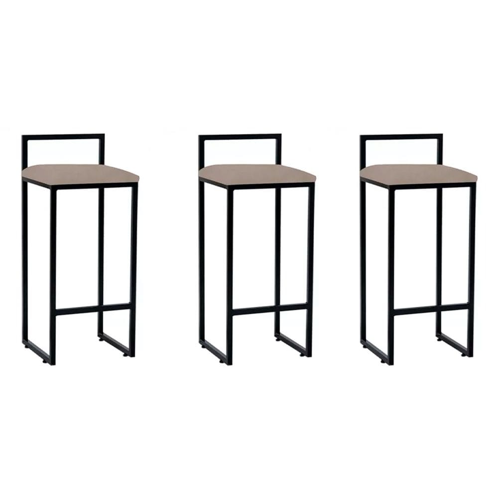 Kit 3 Banquetas Bar Cozinha Bistrô Altas em Aço Industrial Dori Preta Assento Suede Bege