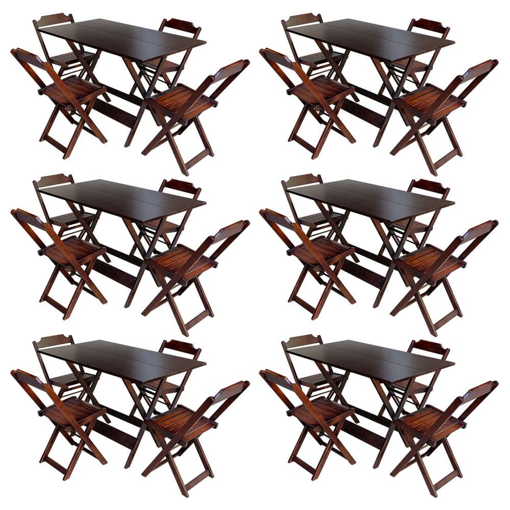 Kit 6 Jogos de Mesa com 4 Cadeiras de Madeira Dobravel 120x70 Ideal para Bar e Restaurante - Imbuia