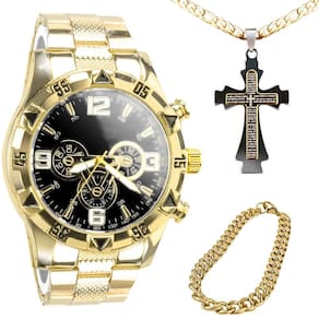 Relogio masculino dourado + pulseira cruz grumet corrente