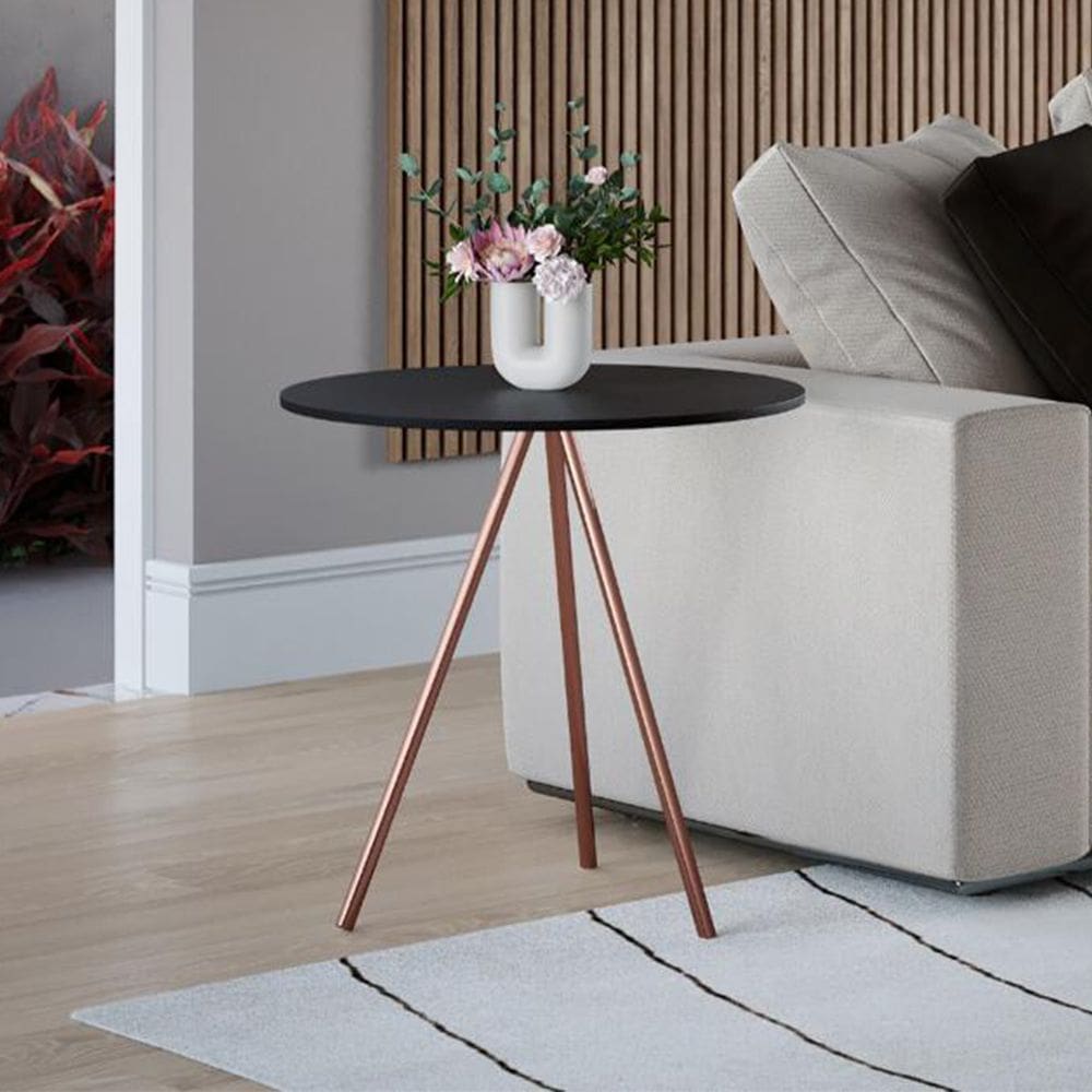 Mesa Lateral Gabriela Wood  Tampo Madeira Preto Pés Cobre