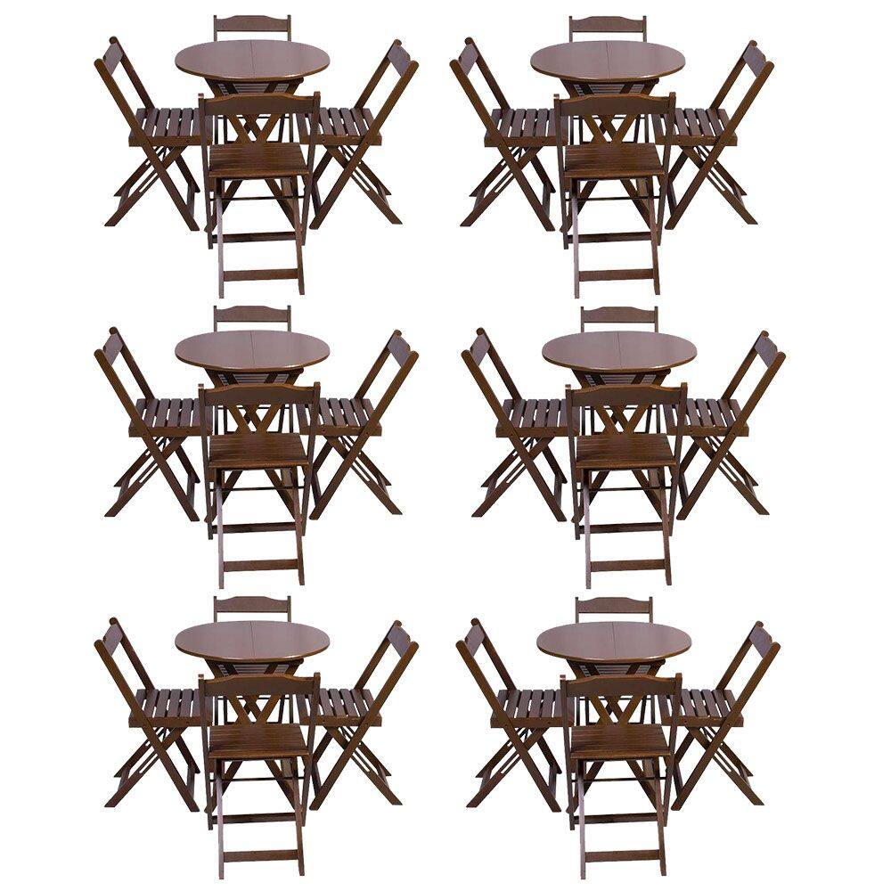 Kit 6 Jogos de Mesa Dobravel com 4 Cadeiras Tampo Redondo 70x70 Imbuia