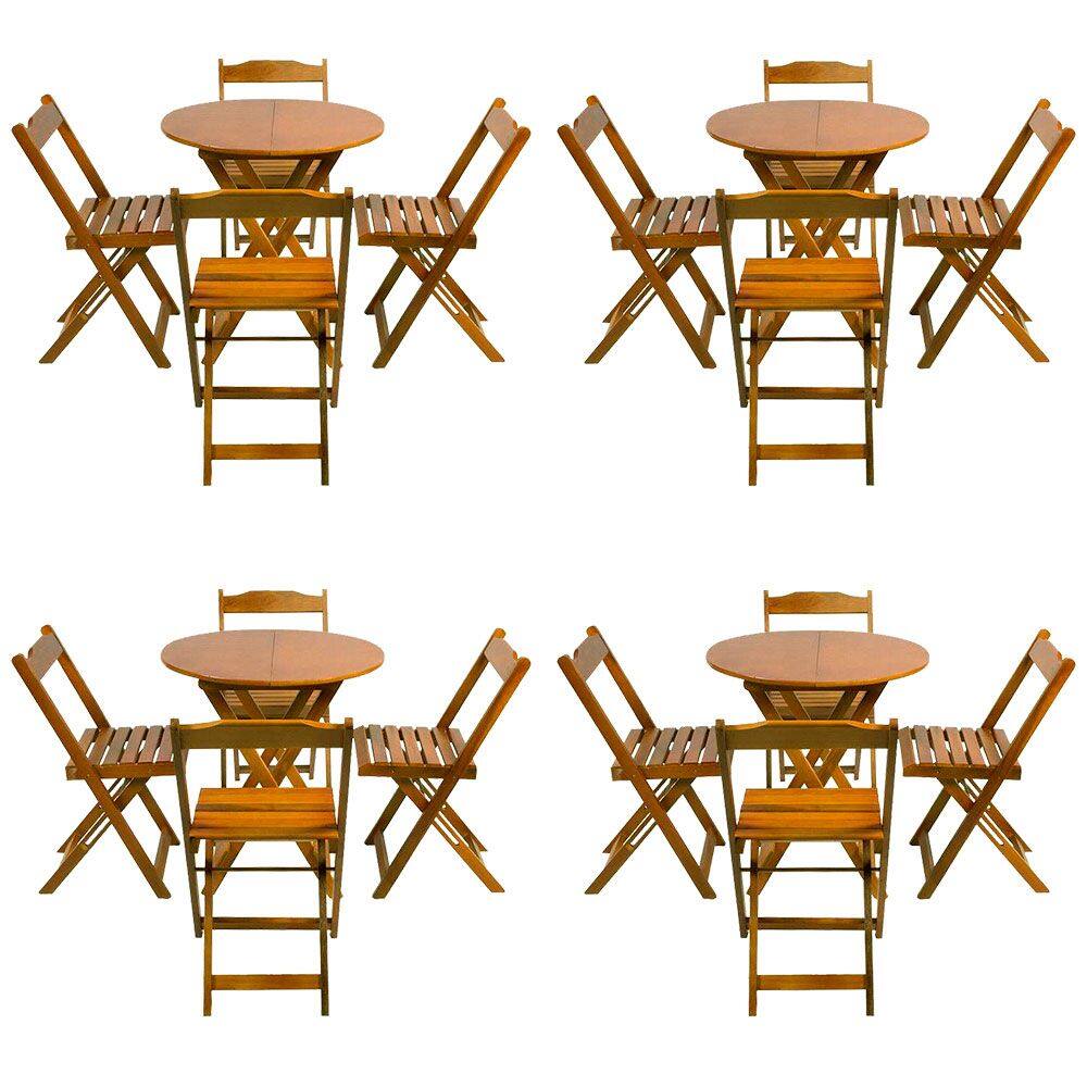 Kit 4 Jogos de Mesa Dobravel com 4 Cadeiras Tampo Redondo 70x70 Castanho