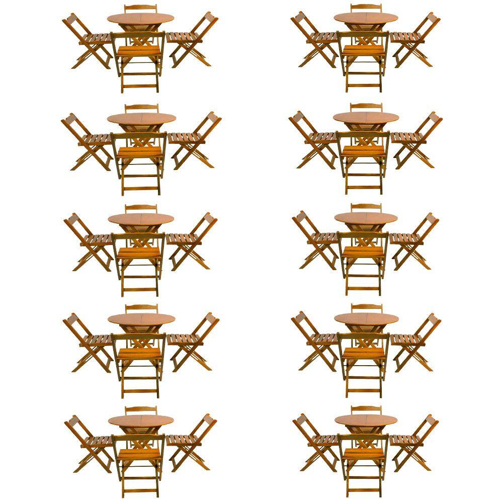Kit 10 Jogos de Mesa Dobravel com 4 Cadeiras Tampo Redondo 70x70 Castanho