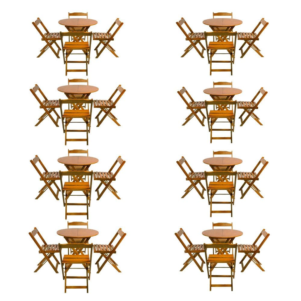 Kit 8 Jogos de Mesa Dobravel com 4 Cadeiras Tampo Redondo 70x70 Castanho