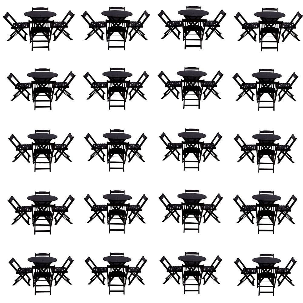 Kit 20 Jogos de Mesa Dobravel com 4 Cadeiras Tampo Redondo 70x70 Preto