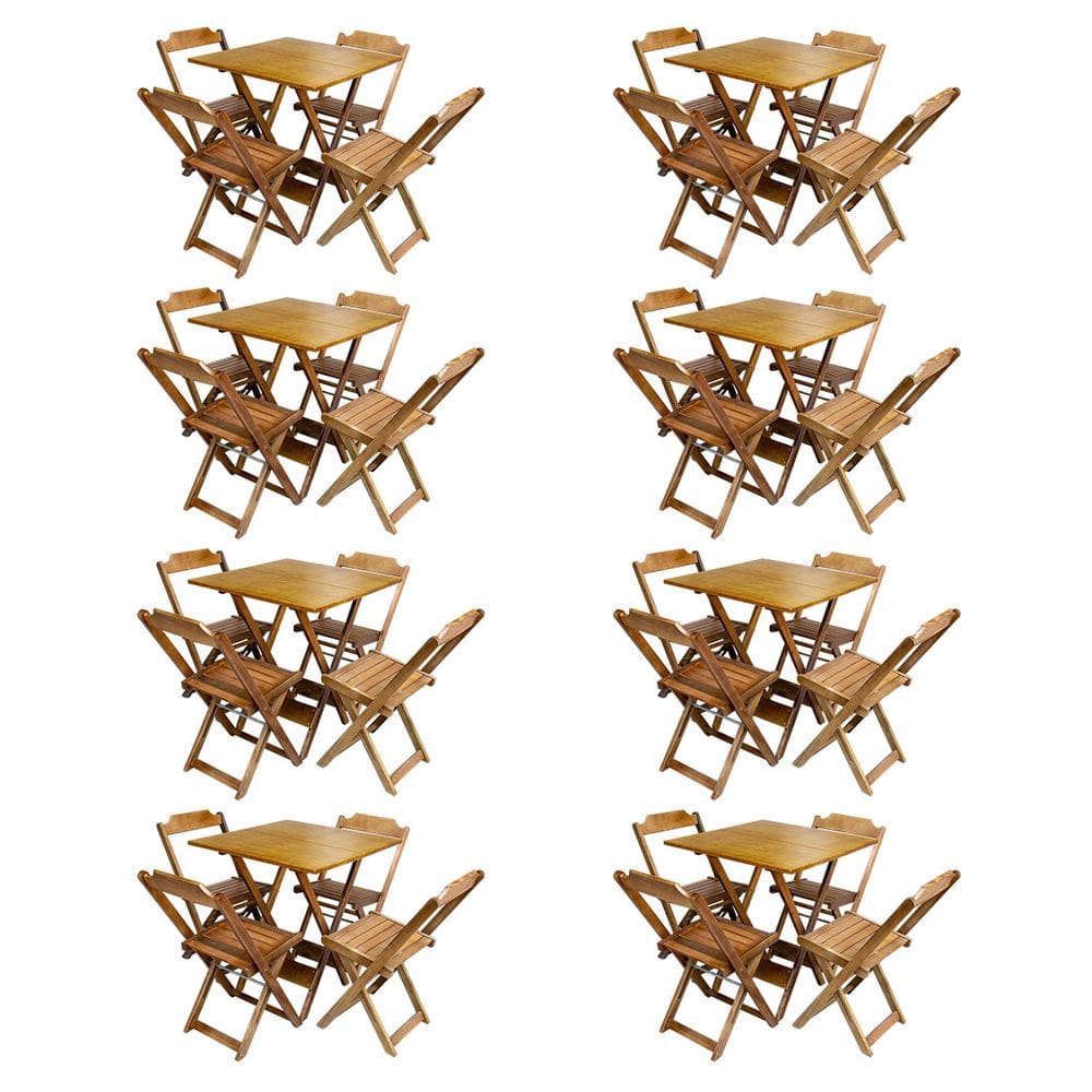 Kit 8 Jogos de Mesa com 4 Cadeiras de Madeira Dobravel 60x60 Ideal para Bar e Restaurante -mel