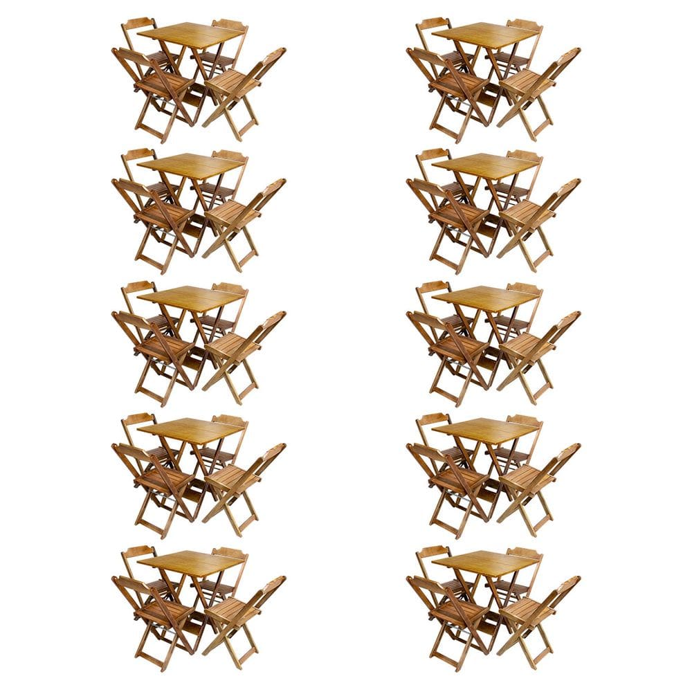 Kit 10 Jogos de Mesa com 4 Cadeiras de Madeira Dobravel 60x60 Ideal para Bar e Restaurante - Castanho