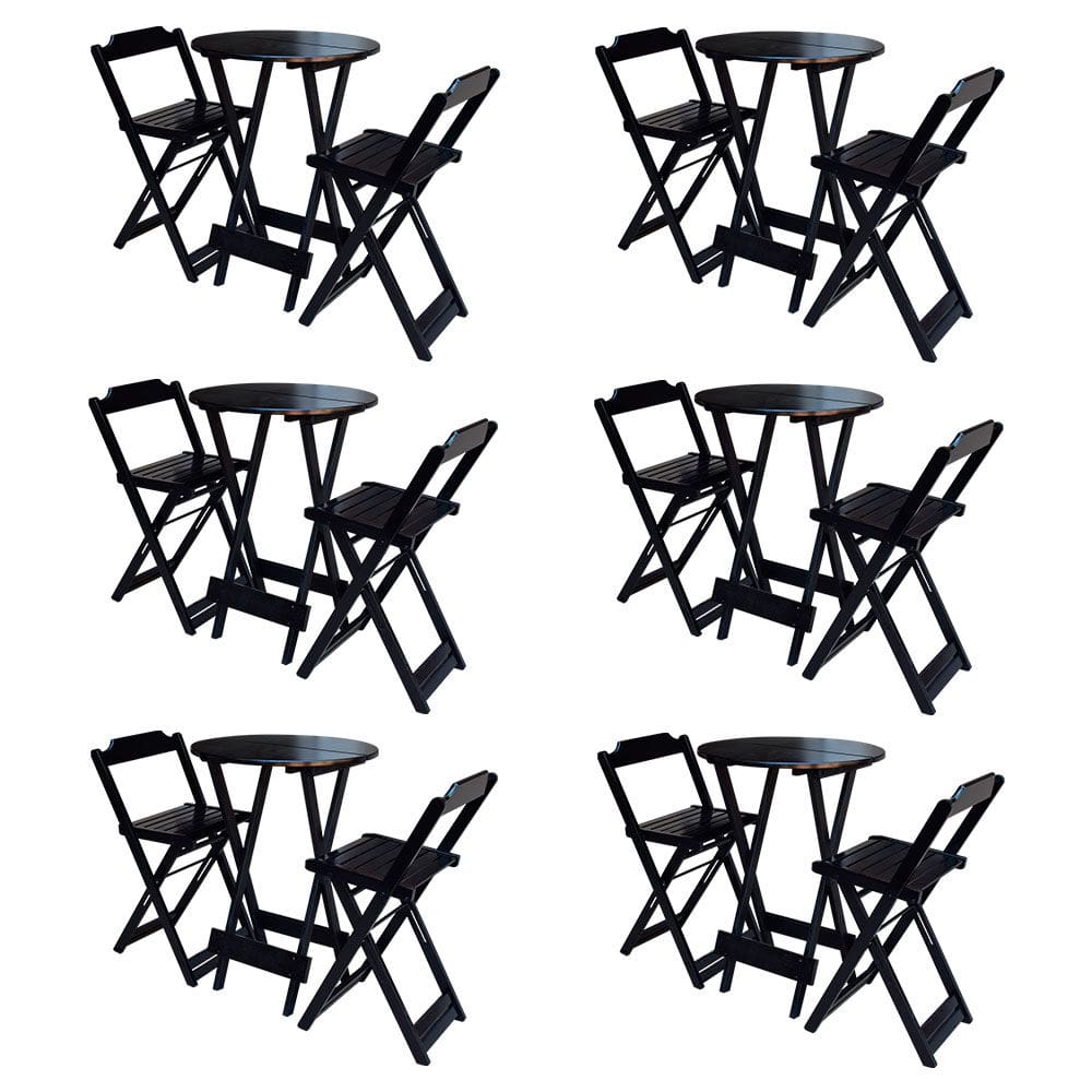 Kit 6 Jogos de Mesa Bistrô de Madeira com 2 Cadeiras Dobravel Ideal para Bar e Restaurante Preto