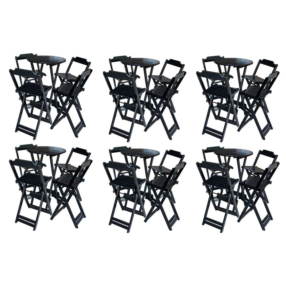 Kit 6 Jogos de Mesa Bistrô de Madeira com 4 Cadeiras Dobravel Ideal para Bar e Restaurante Preto