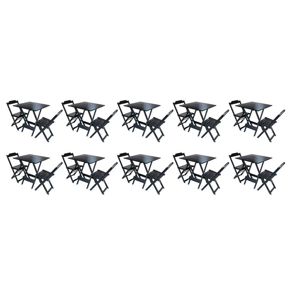 Kit 10 Jogos de Mesa Dobravel com 2 Cadeiras de Madeira 70x70 - Preto