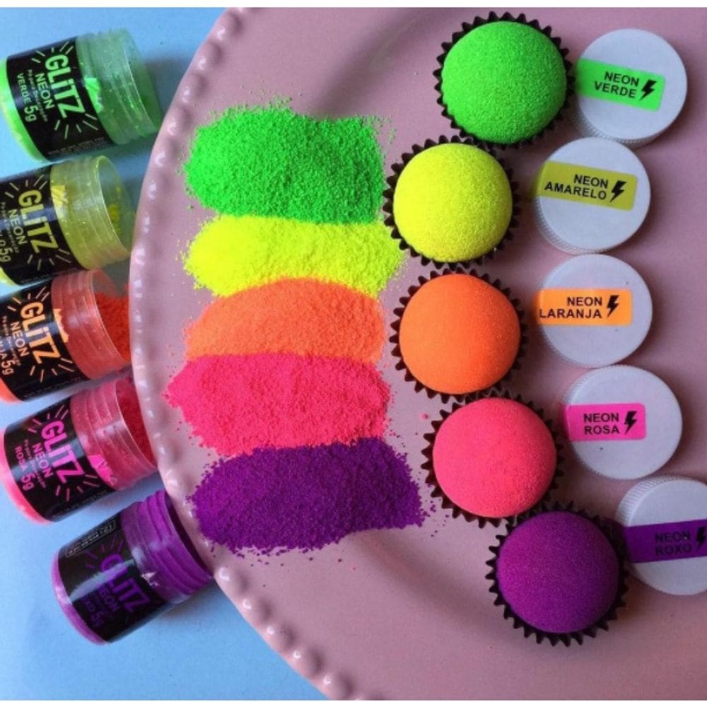 Kit 5 Pós Glitz Cores Neon Brilha Na Luz Negra Para Decorar Fab