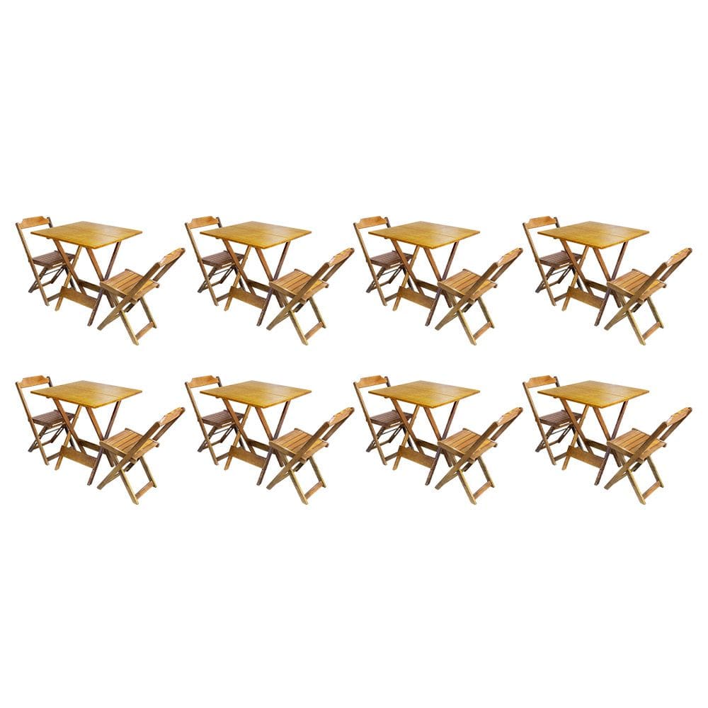 Kit 8 Conjuntos de Mesa Dobravel com 2 Cadeiras de Madeira 70x70 - Castanho