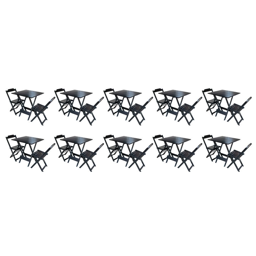 Kit 10 Conjuntos de Mesa Dobravel com 2 Cadeiras de Madeira 70x70 - Preto
