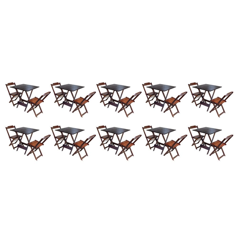 Kit 10 Jogos de Mesa Dobravel com 2 Cadeiras de Madeira 70x70 Ideal para Bar e Restaurante - Imbuia