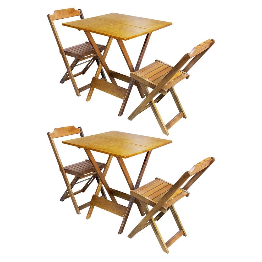 Kit 2 Jogos de Mesa Dobravel com 2 Cadeiras de Madeira 70x70 Ideal para Bar e Restaurante - Castanho