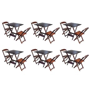 Kit 6 Conjuntos de Mesa Dobravel com 2 Cadeiras de Madeira 70x70 Ideal para Bar e Restaurante - Imbu
