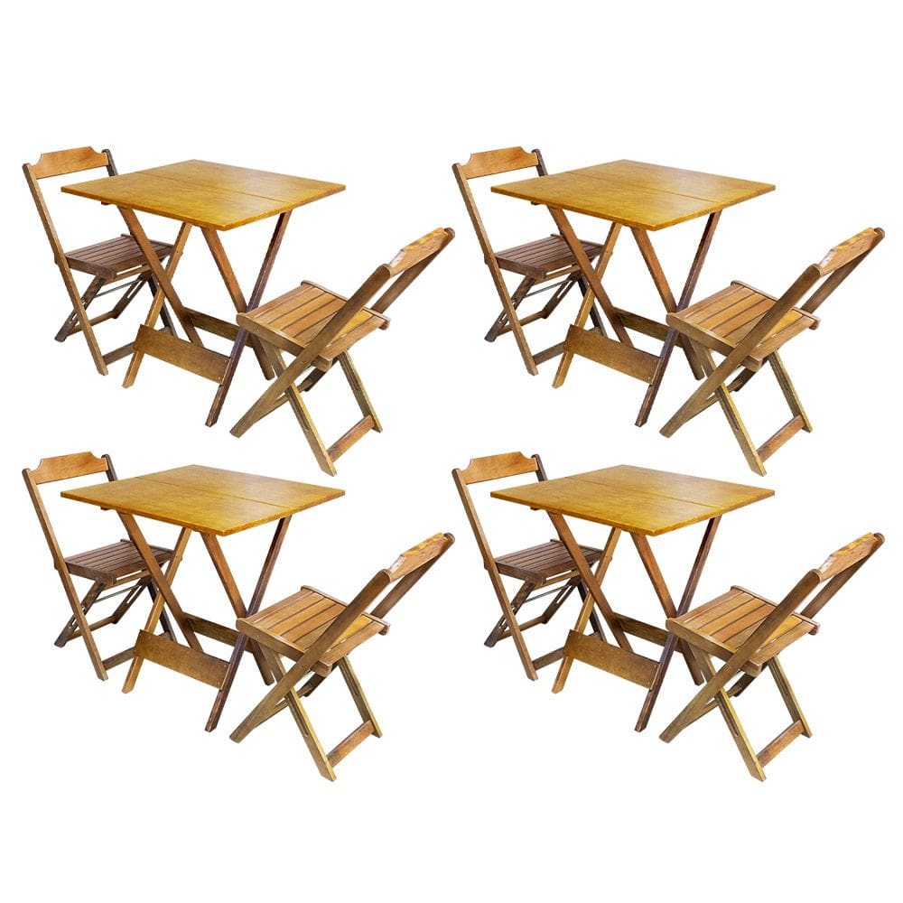 Kit 4 Conjuntos de Mesa Dobravel com 2 Cadeiras de Madeira 70x70 Ideal para Bar e Restaurante - Castanho