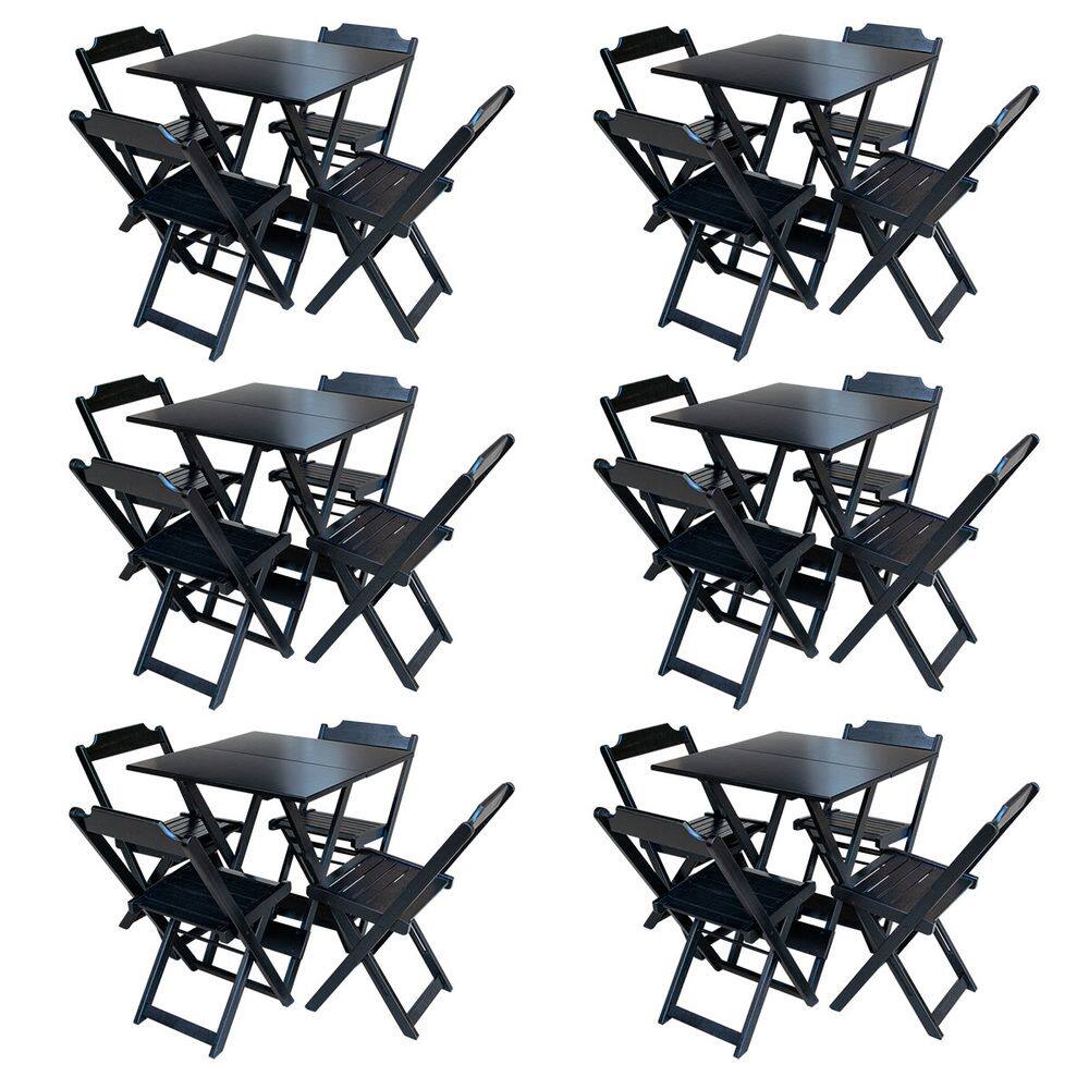 Kit 6 Jogos de Mesa com 4 Cadeiras de Madeira Dobravel 60x60 Ideal para Bar e Restaurante - Preto